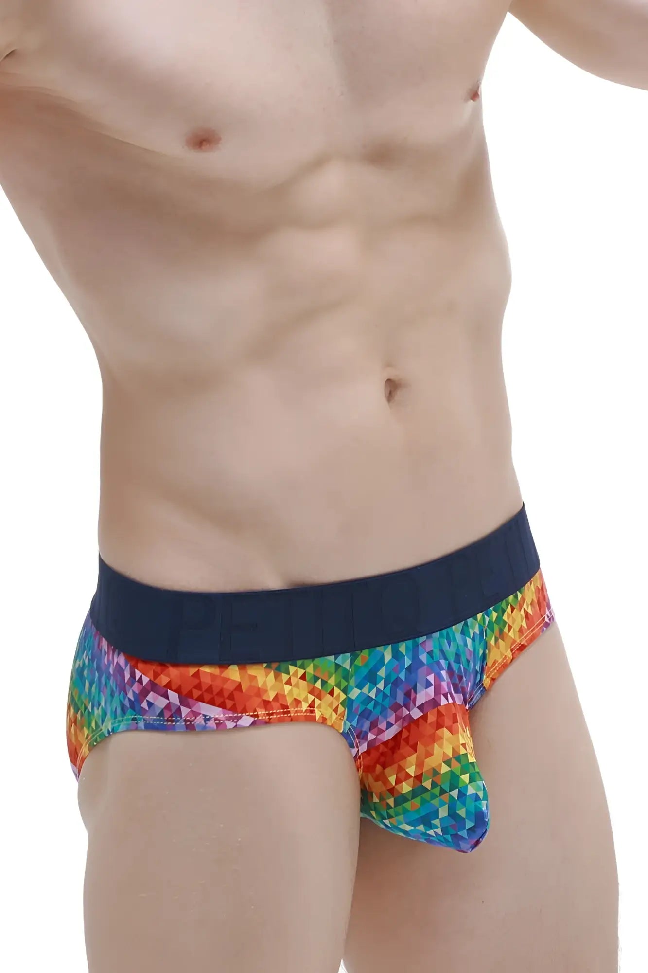 Petitq brief chill max kaleidoscope rainbow pixel-patterned briefs with solid navy waistband for comfortable wear