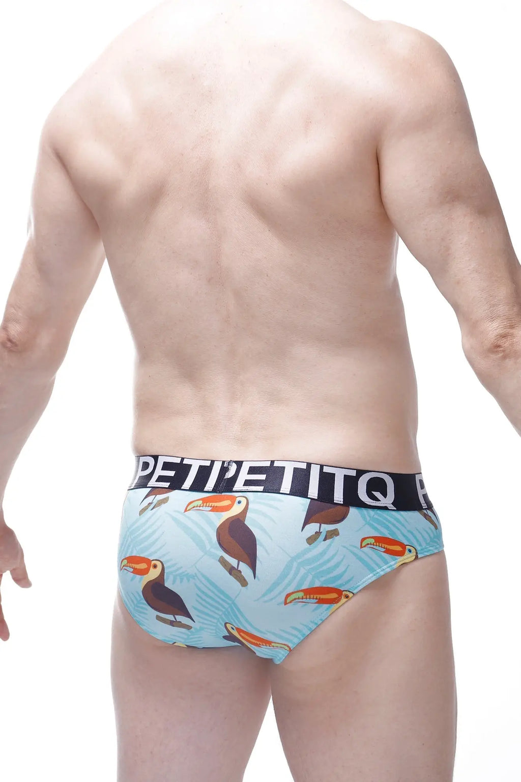 Light blue petitq brief chill toucan men’s briefs with playful toucan pattern and black petit etiq waistband