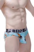 Light blue petitq brief chill toucan featuring vibrant toucan and palm leaf pattern with black branded waistband