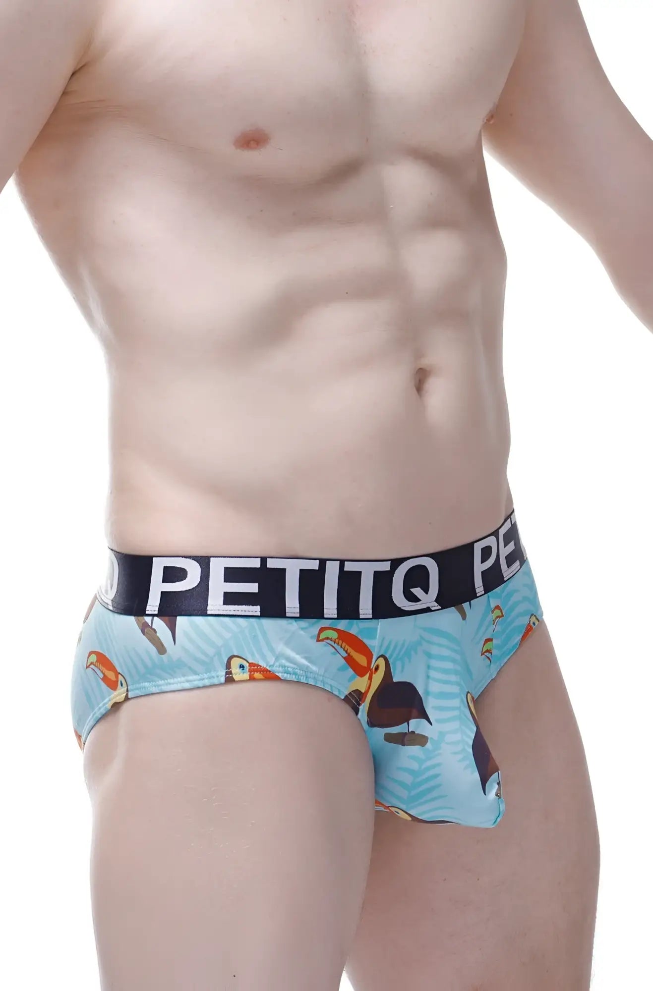 Light blue petitq brief chill toucan featuring vibrant toucan and palm leaf pattern with black branded waistband