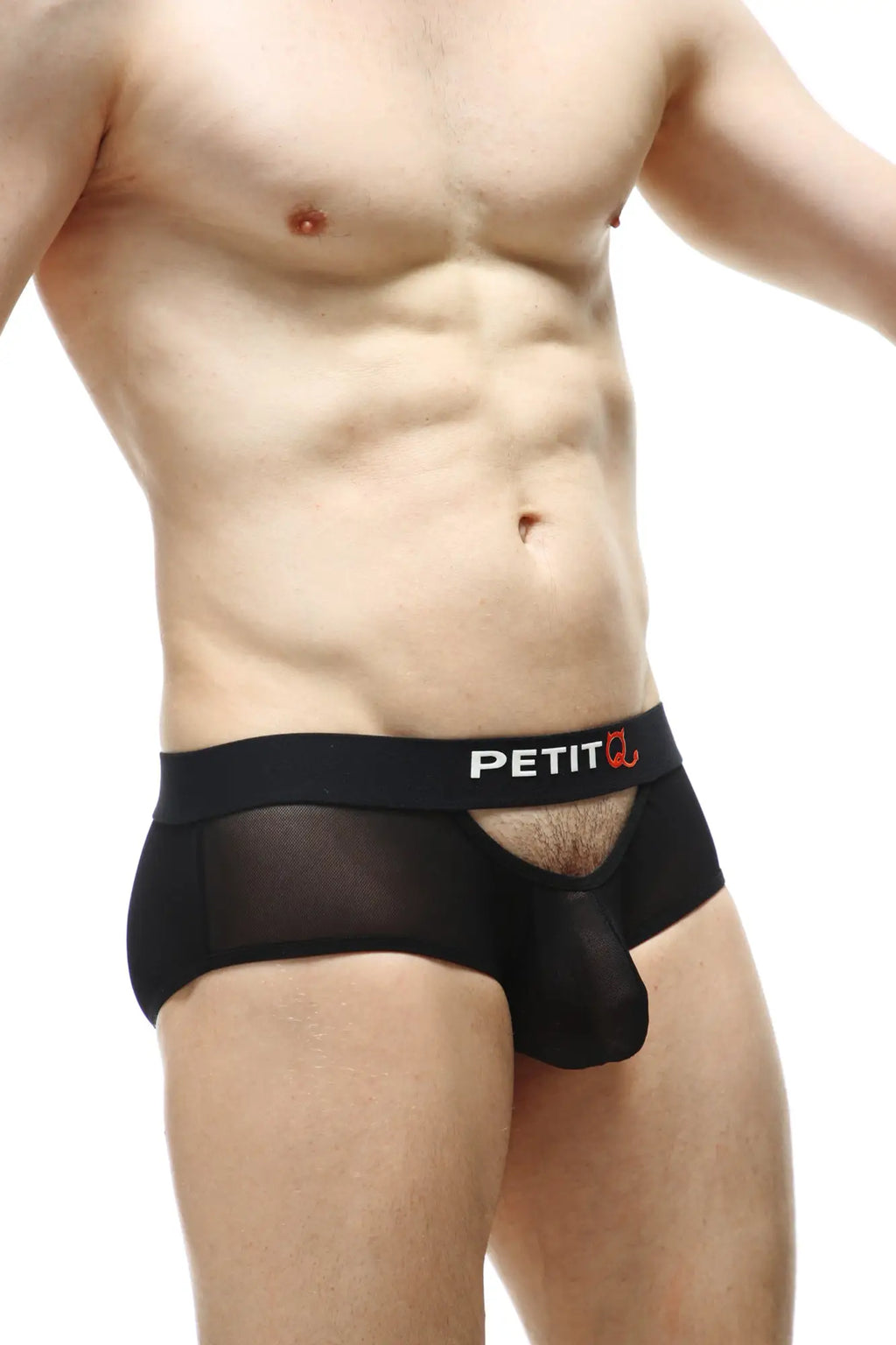 Black mesh PetitQ brief culan net with solid black waistband white petit logo and orange heart symbol