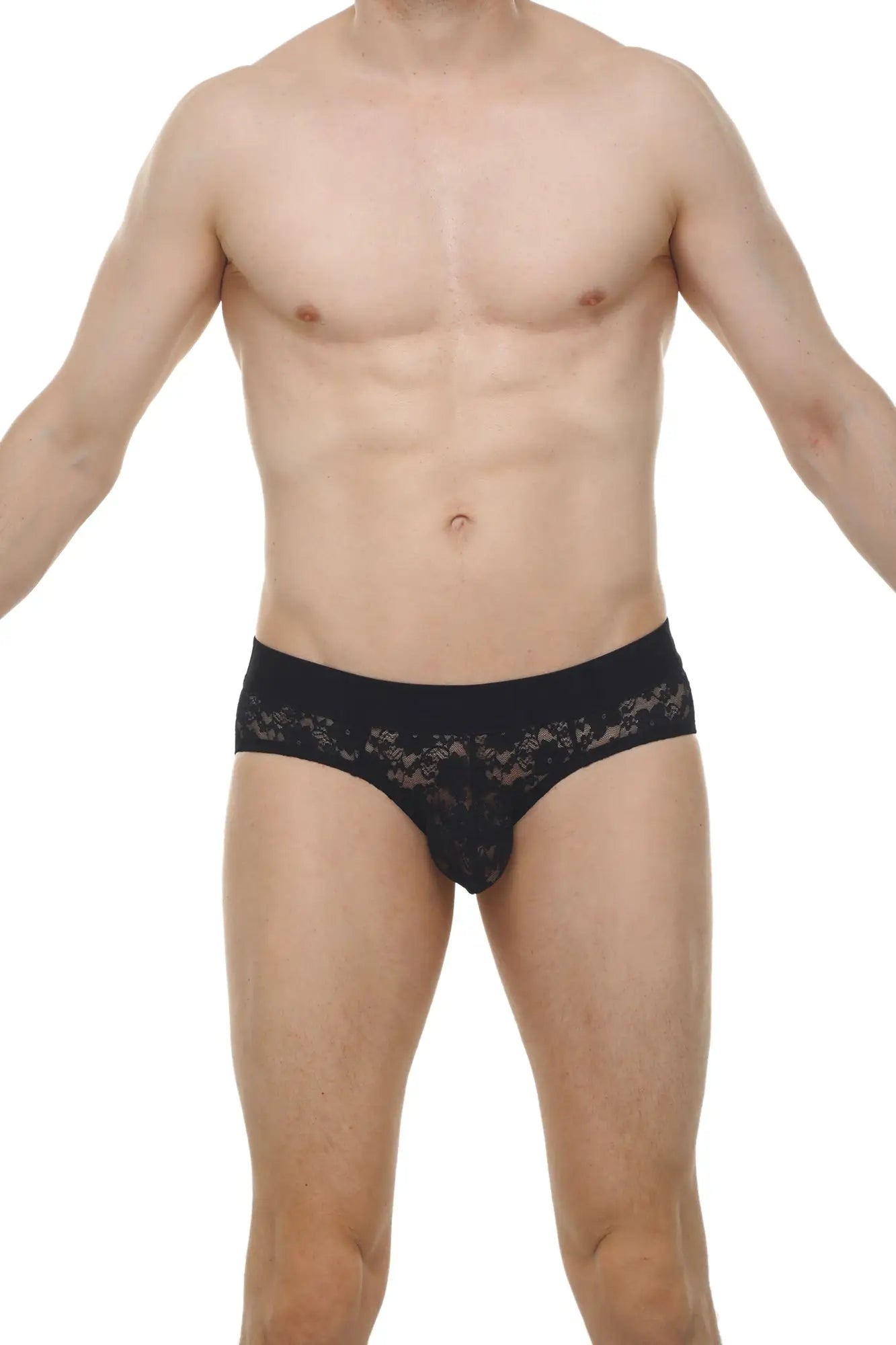 Black lace-trimmed men’s briefs in lace material designed for comfort and style brief dome lace black