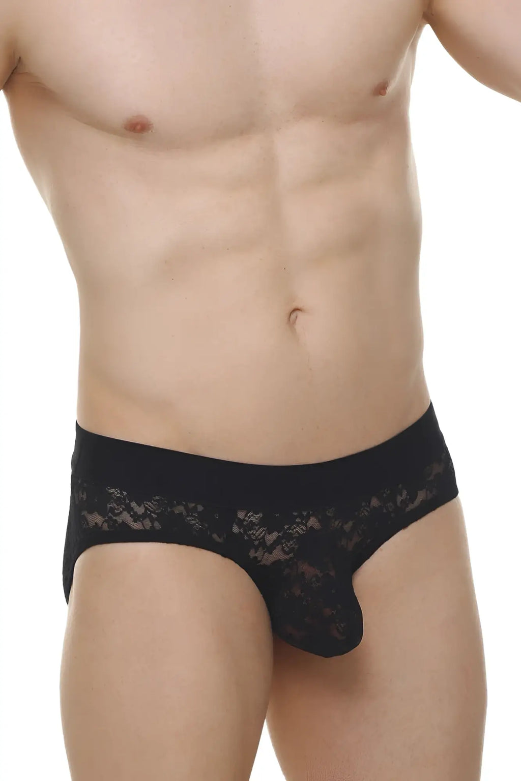 Black lace-trimmed men’s briefs with a sheer patterned design from brief dome lace black collection