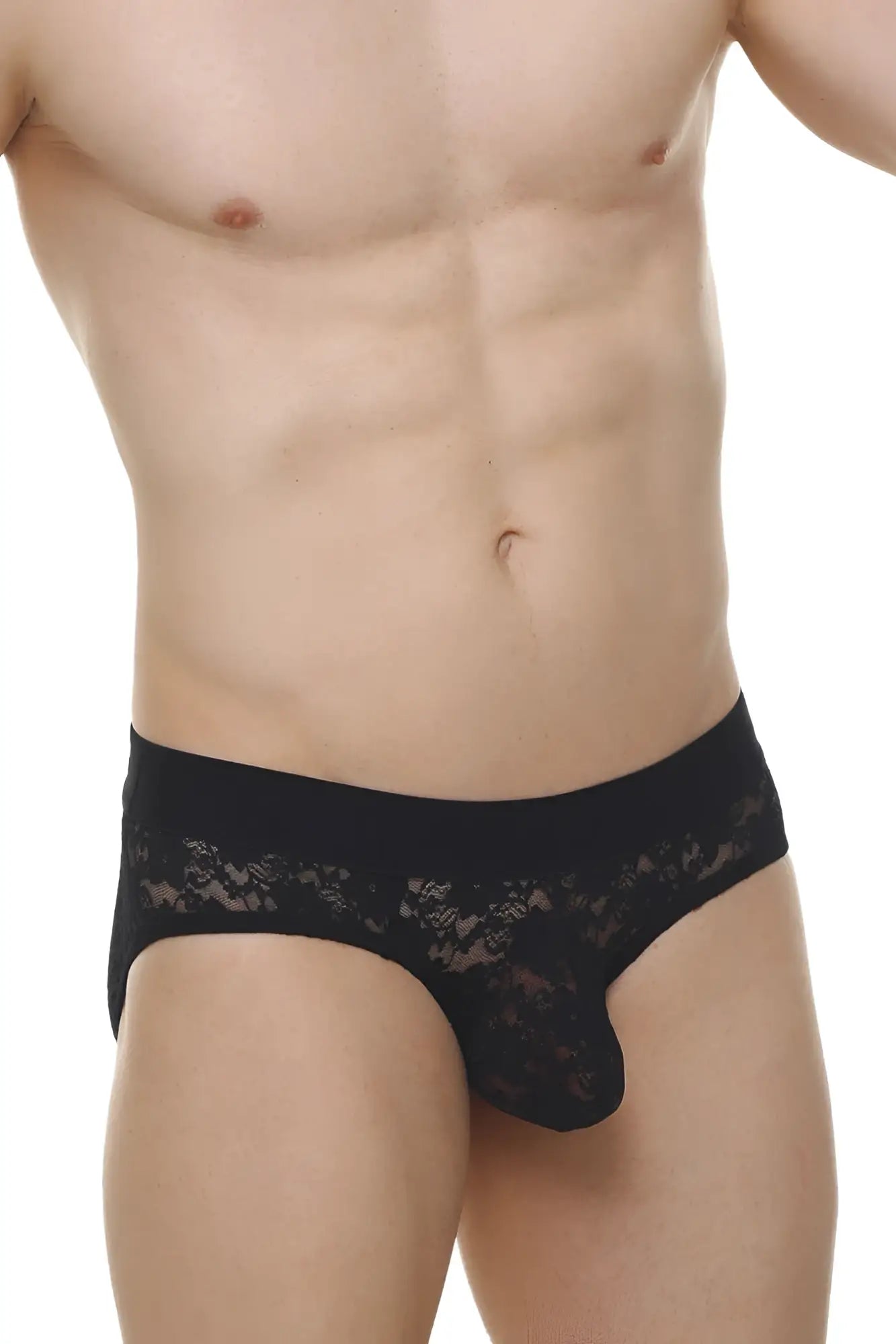 Black lace-trimmed men’s briefs with a sheer patterned design from brief dome lace black collection