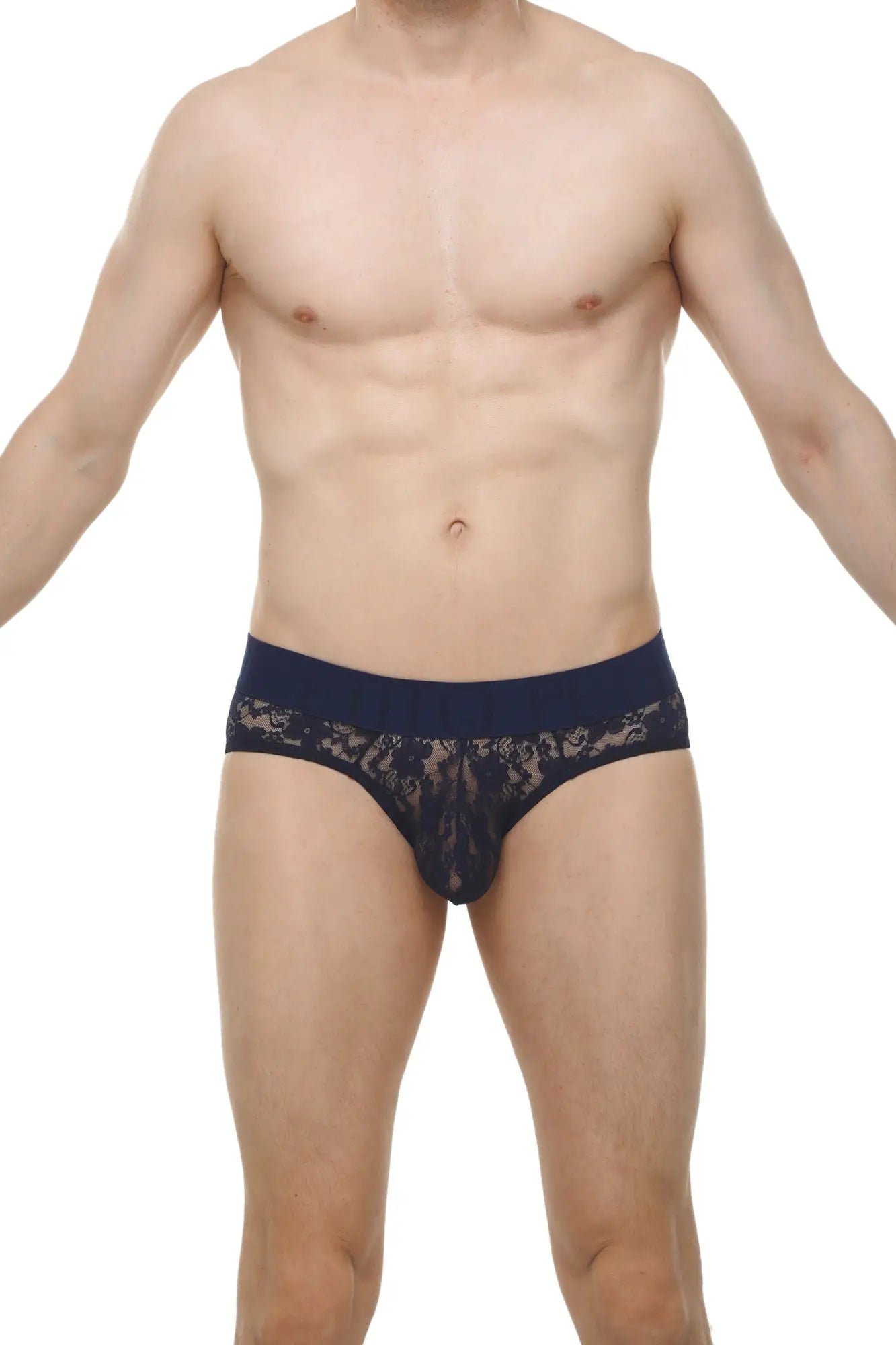 Navy blue lace briefs with sheer intricate floral pattern and solid waistband from Brief Dome Lace Navy collection