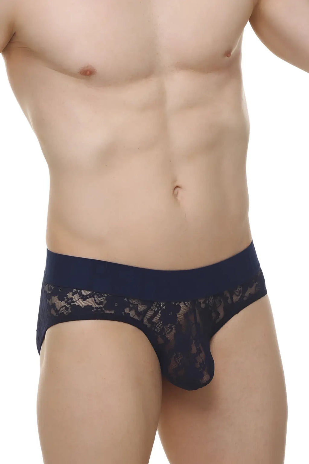 Navy blue men’s briefs with lace trim and sheer patterned fabric in the brief dome lace navy style