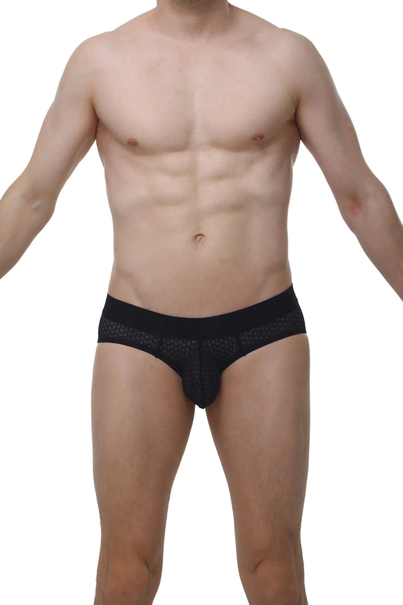 Black lace-trimmed men’s briefs with breathable textured mesh fabric from petitq brief dome macra black collection
