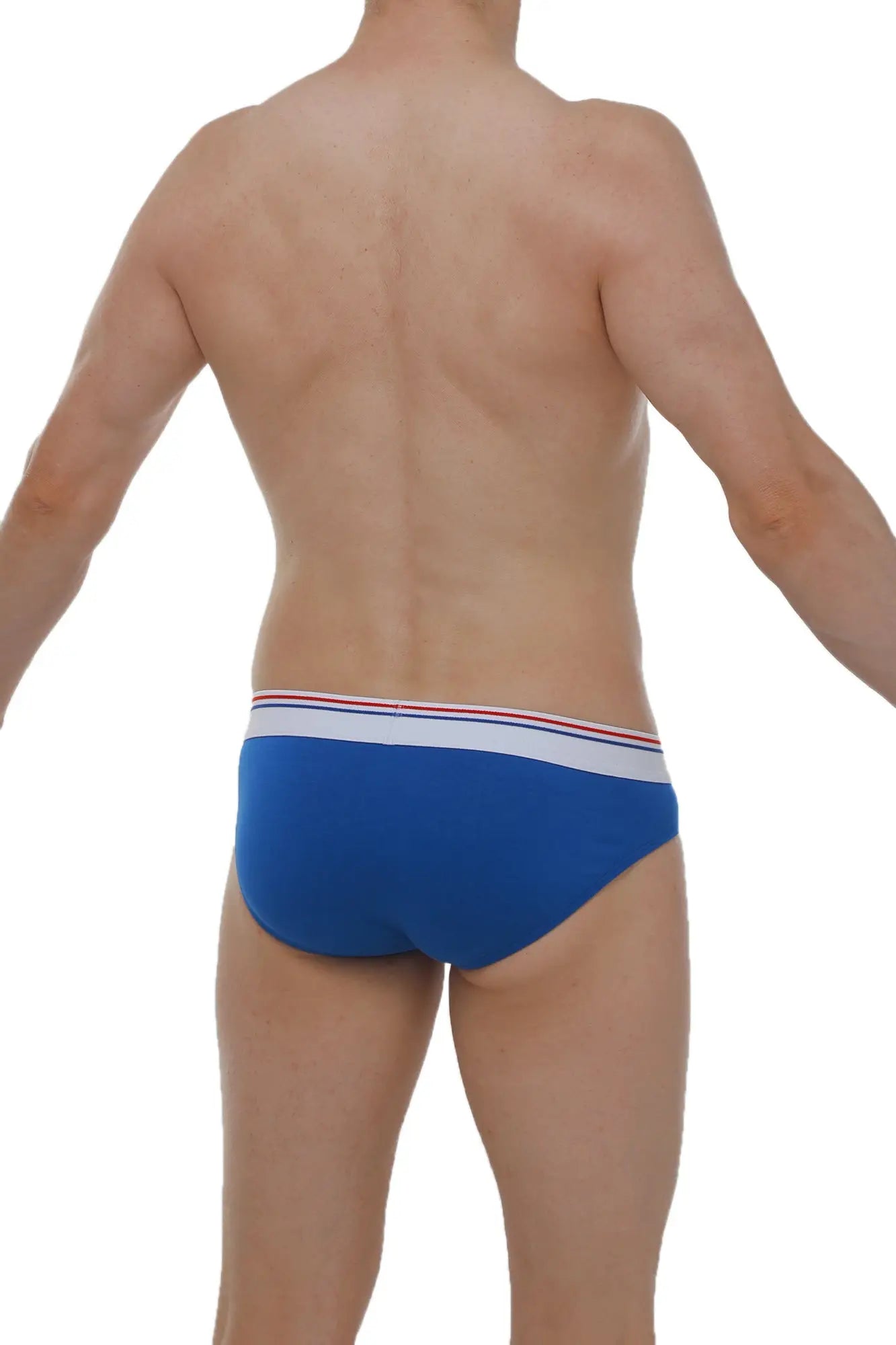 PetitQ brief dome modal blue men’s briefs in blue with a white waistband accented by thin red and blue stripes