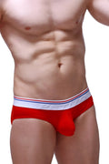 Petitq brief dome modal red men’s briefs with white elastic waistband striped red and blue and gray petit lettering