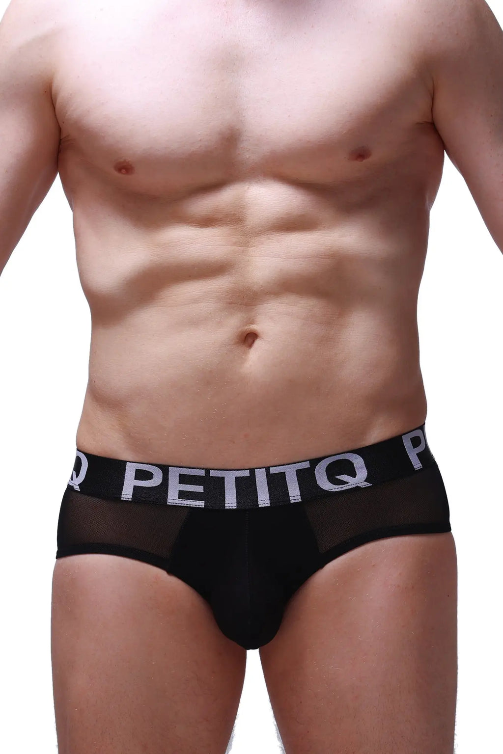 Black mesh PetitQ brief Dugny with black elastic waistband featuring white PetitQ logo for breathable comfort