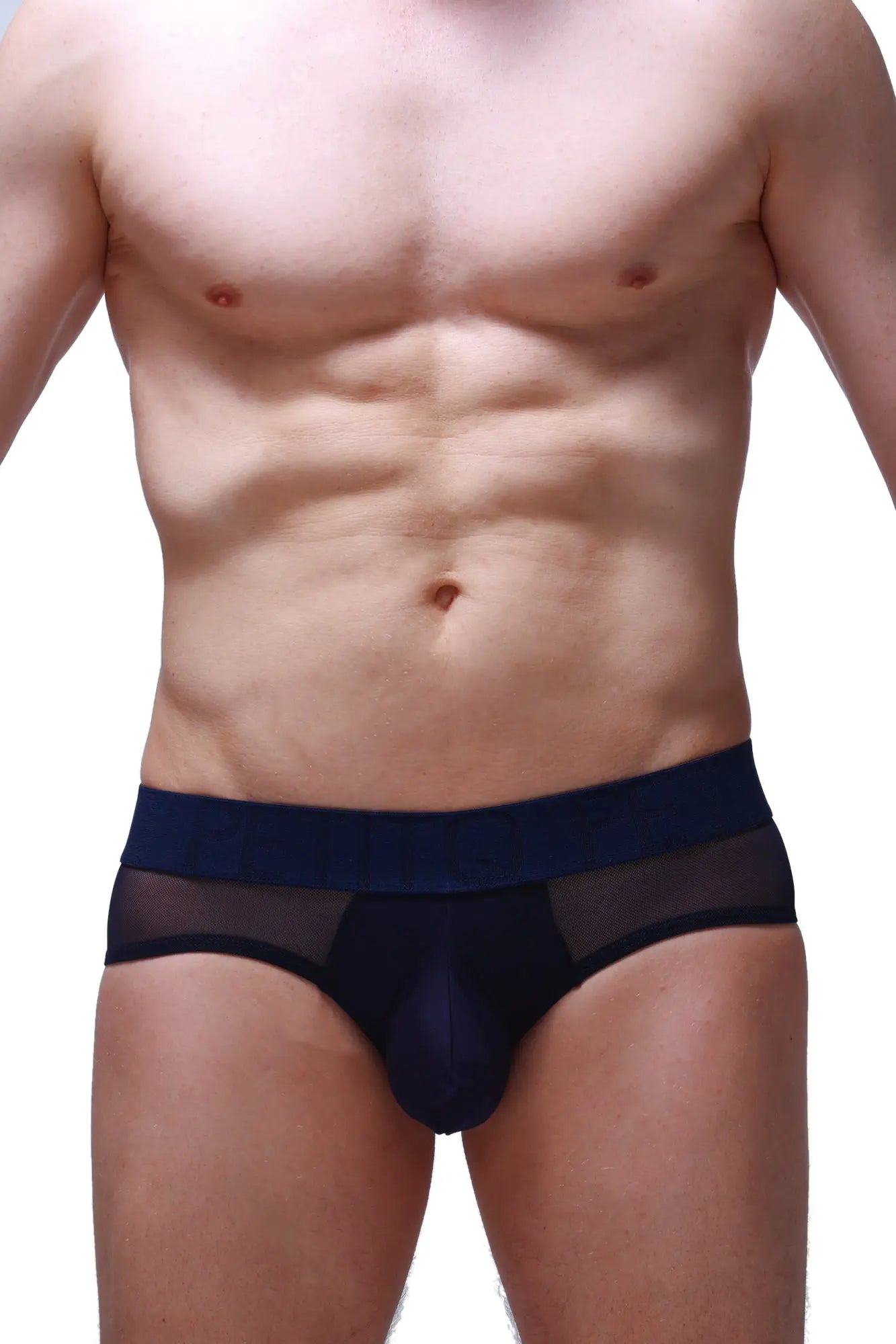 Navy blue PetitQ brief Dugny with sheer mesh sides and a solid fabric front panel for comfortable wear