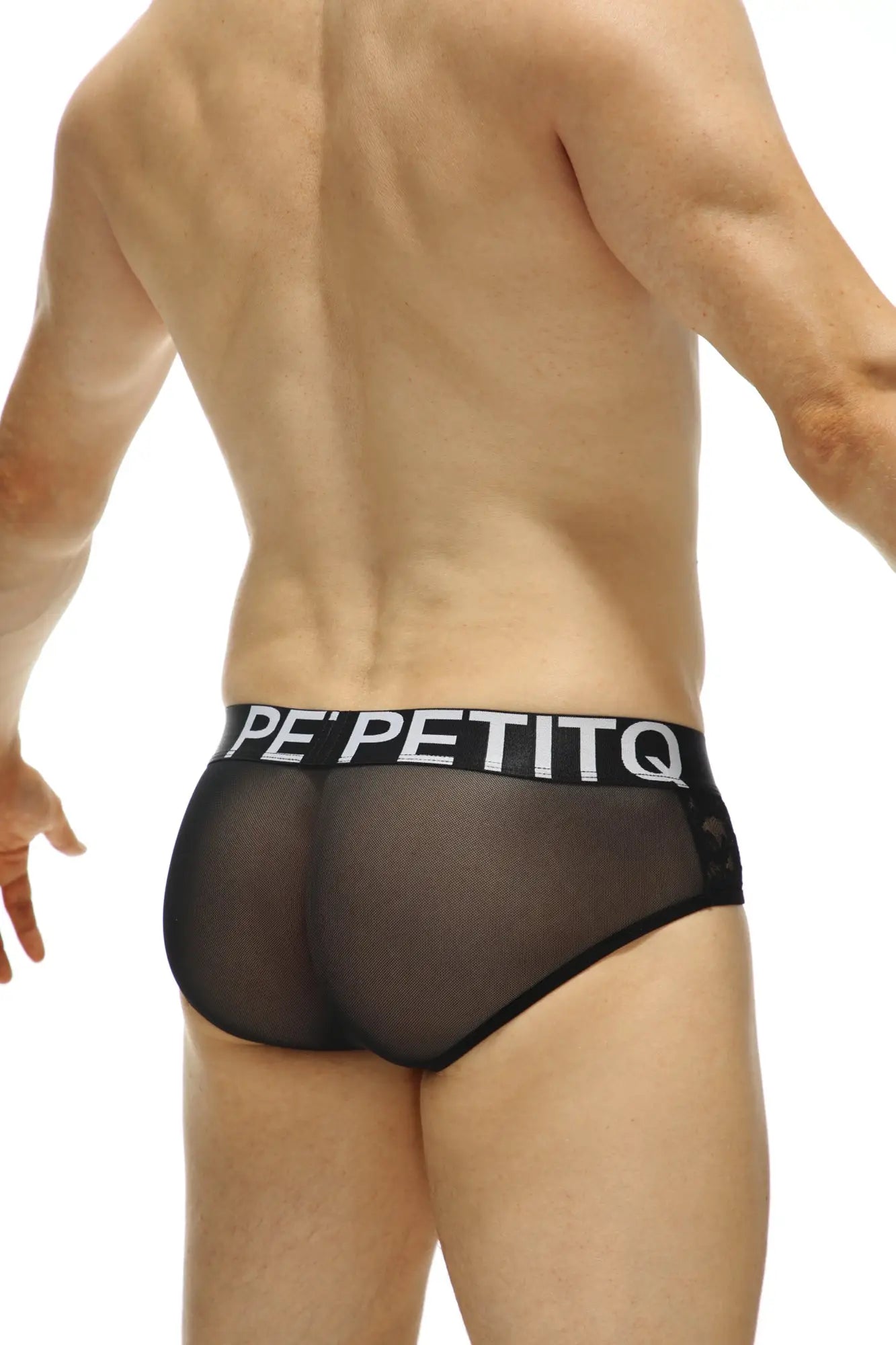 Black sheer mesh briefs with black elastic waistband featuring petitq logo in white from petitq brief ethel black lace collection