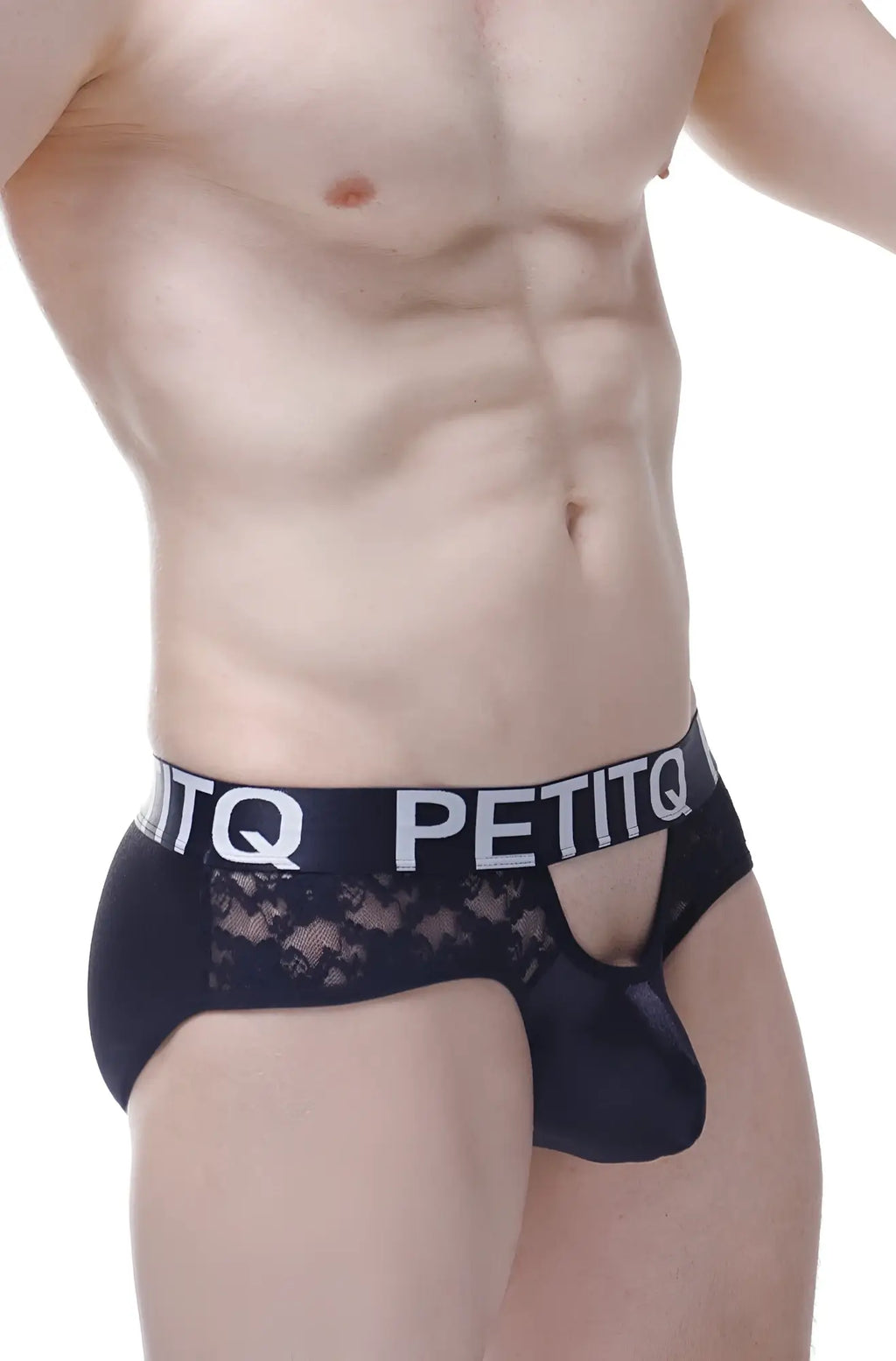 Black lace-trimmed men’s underwear brief with satin lace material and bold petitq logo band