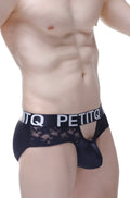 Black lace-trimmed men’s underwear brief with satin lace material and bold petitq logo band