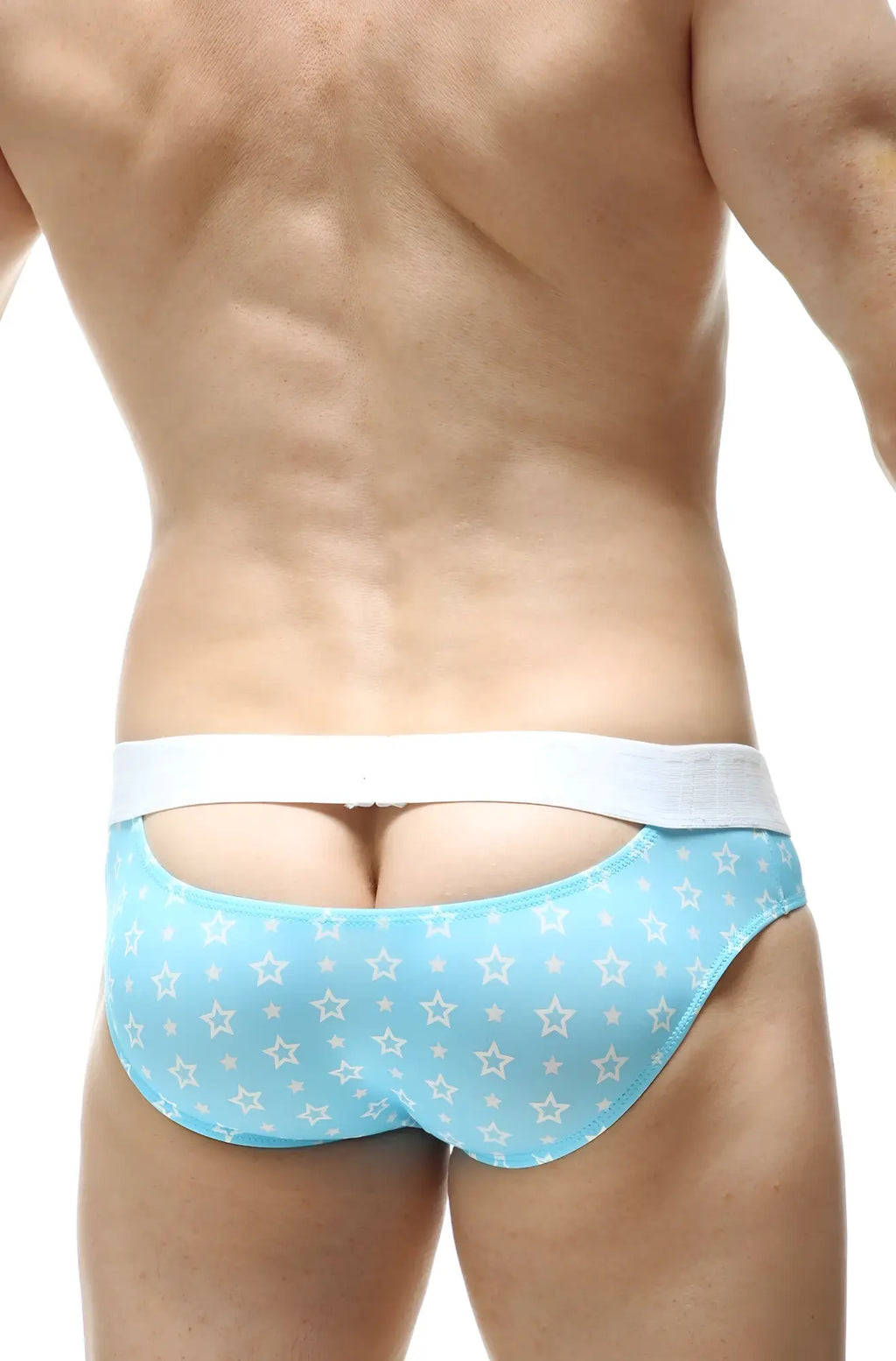 PetitQ brief glimpse stars light blue star patterned briefs with white elastic waistband front view