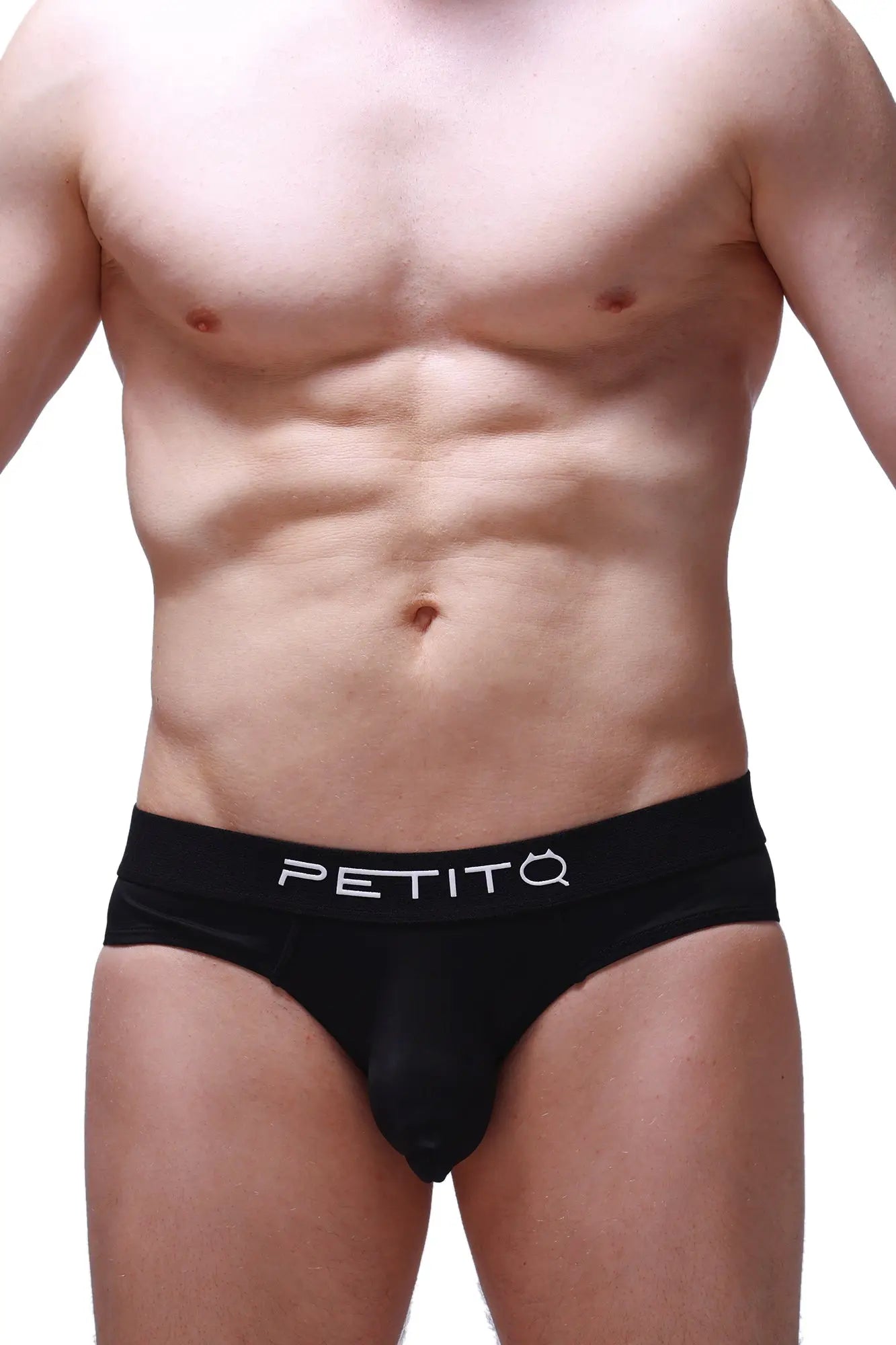 Black petitq brief hang brief with sleek form-fitting design and white logo branding on waistband