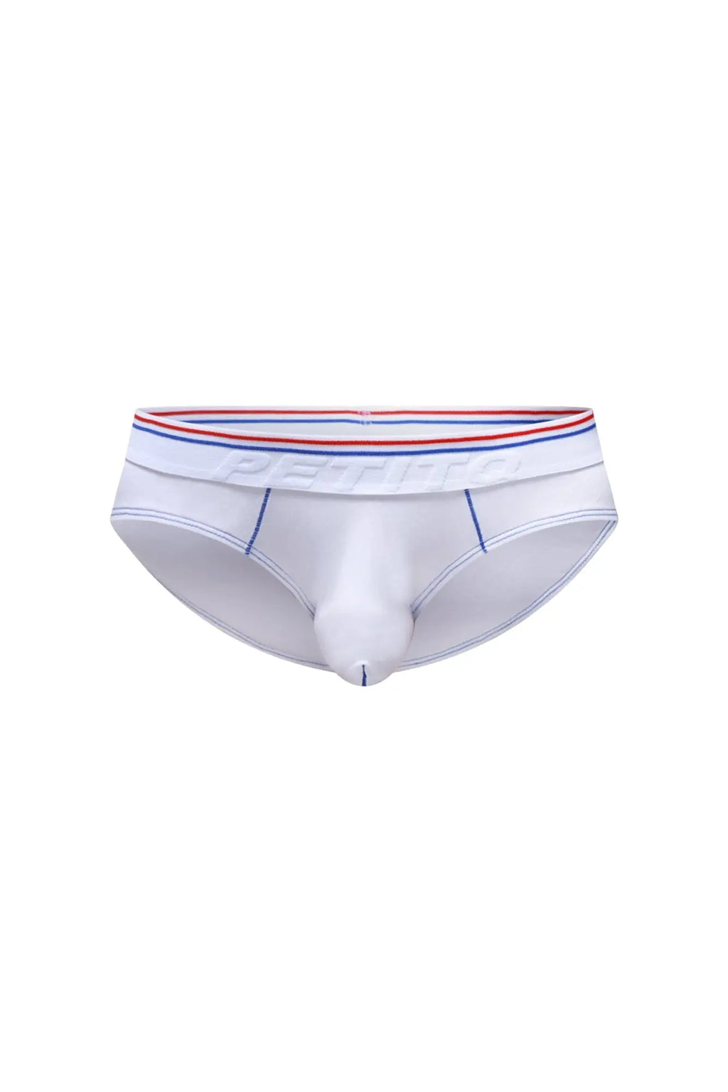 Petitq white men’s briefs with red white and blue striped waistband embossed pentti brand name in modal fabric