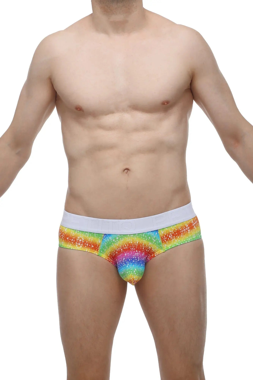 Rainbow glitter briefs with white waistband by petitq featuring vibrant colors and shimmering fabric for festive wear