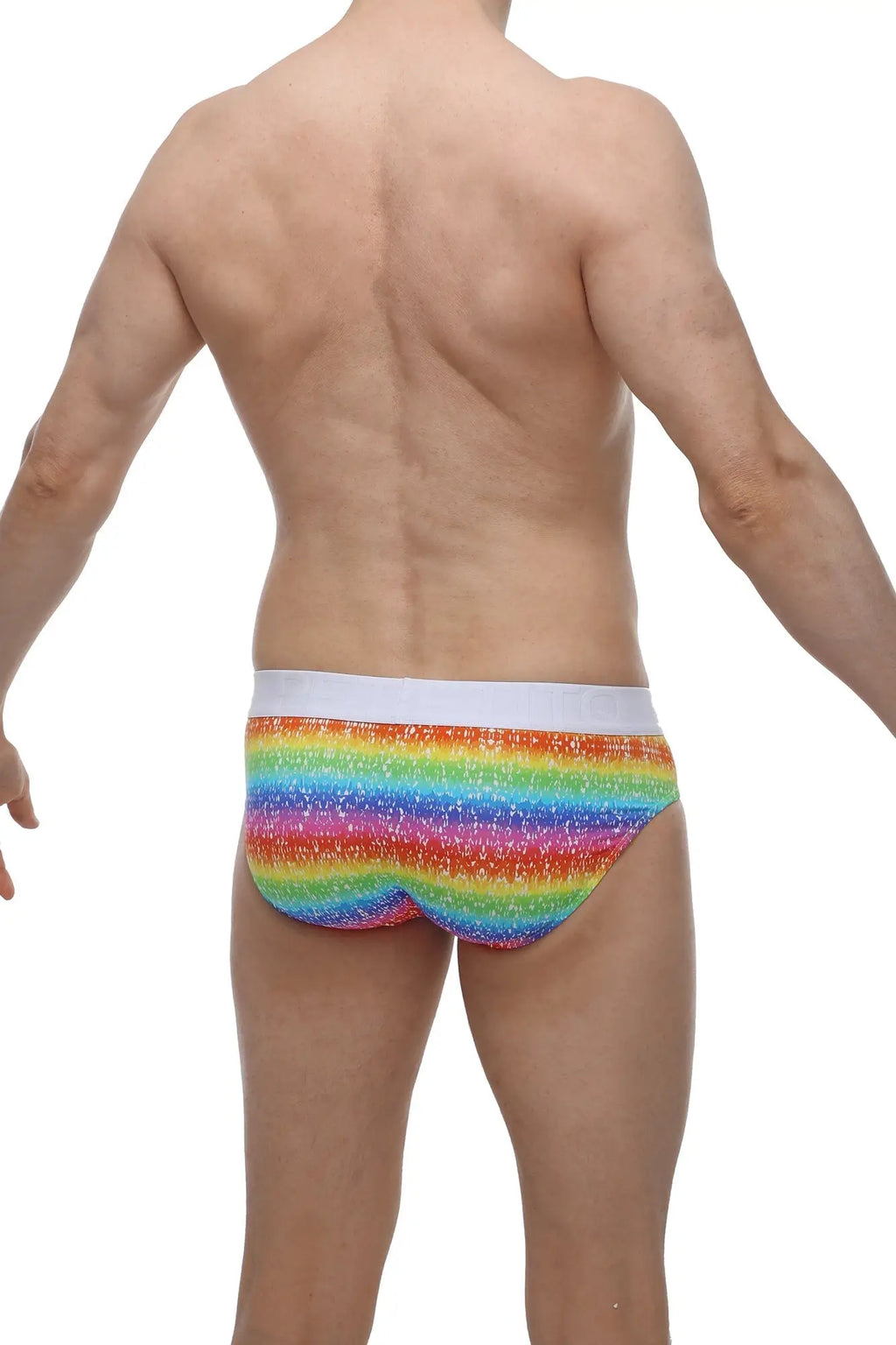 Petitq brief hang rainbow glittery rainbow-striped men’s briefs with white waistband front view
