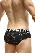 Black lace-trimmed briefs with bold white petitq waistband in petitq brief herm lace black product