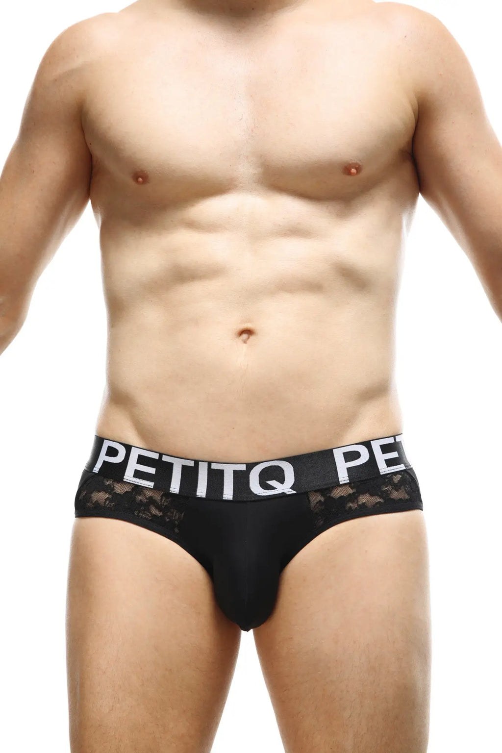 Black lace-trimmed men’s briefs with white petitq logo band in the petitq brief herm lace black collection