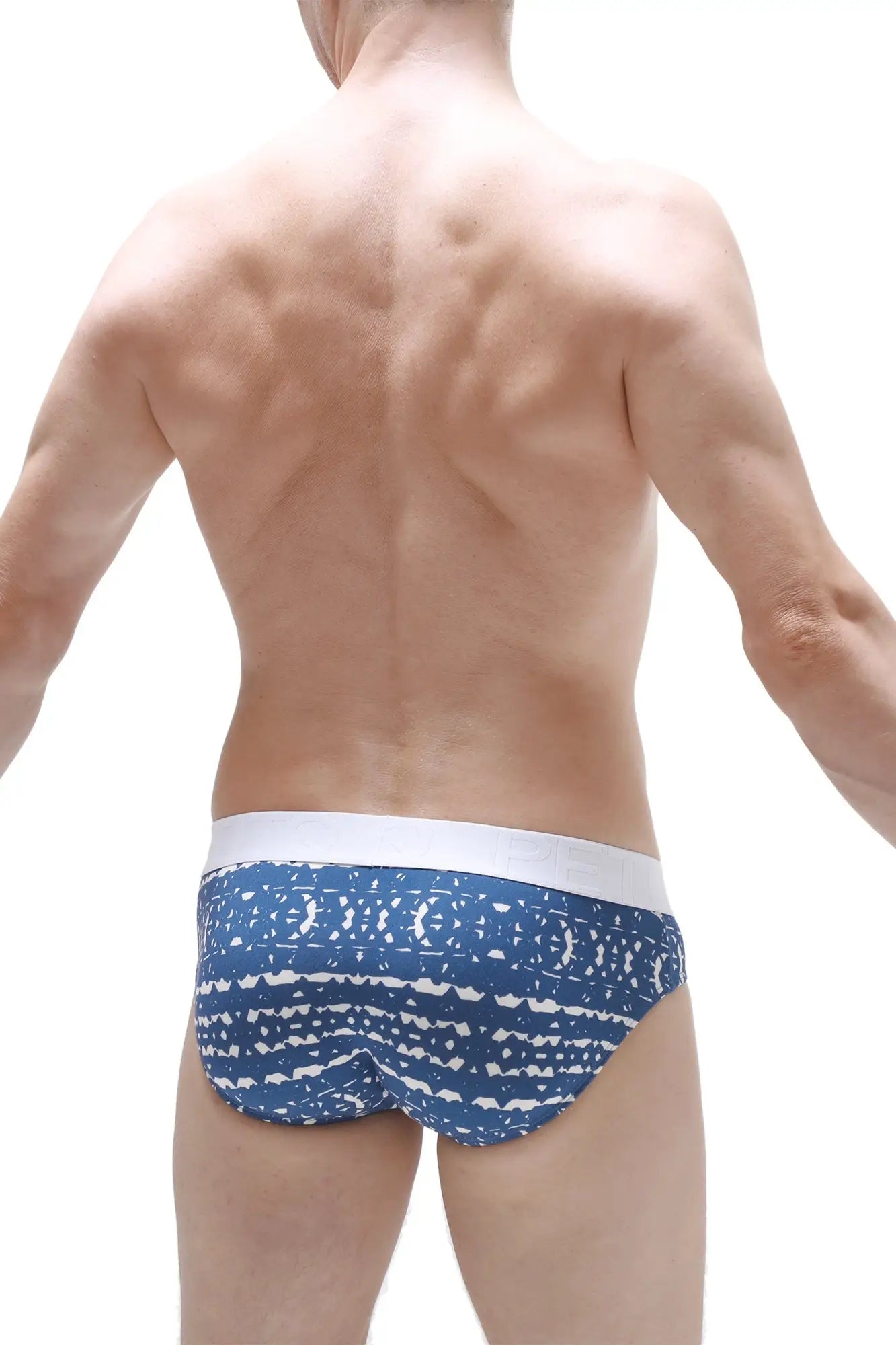 Petitq brief jans new denim men’s briefs with blue and white pattern and solid white waistband