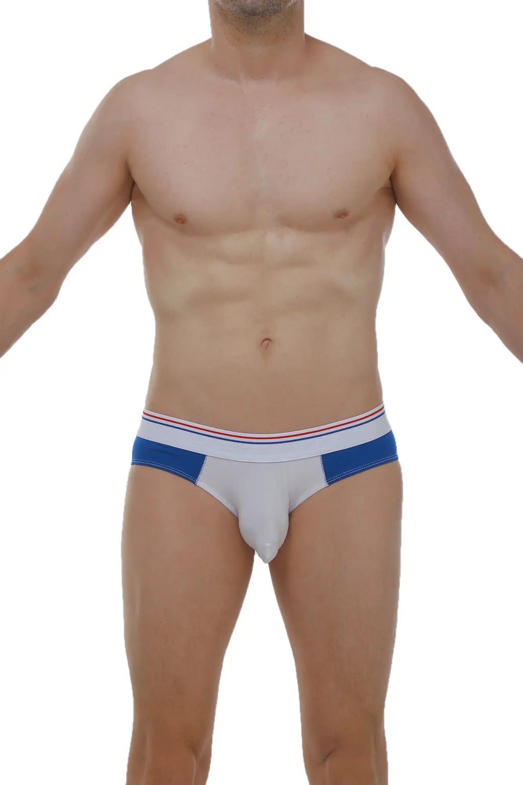 White briefs linay bigout blue with blue side panels and a red white navy striped waistband