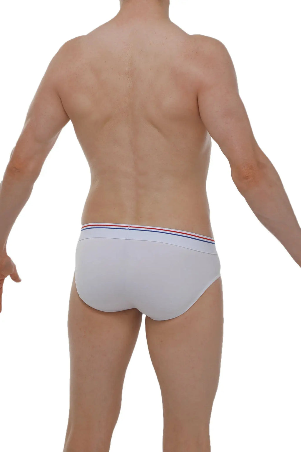 White briefs linay bigout with a thin elastic waistband featuring red white and blue stripes