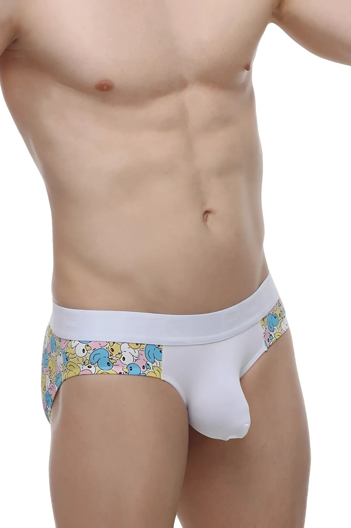 White petitq brief linay duckies with colorful cartoon blue and yellow characters on the sides