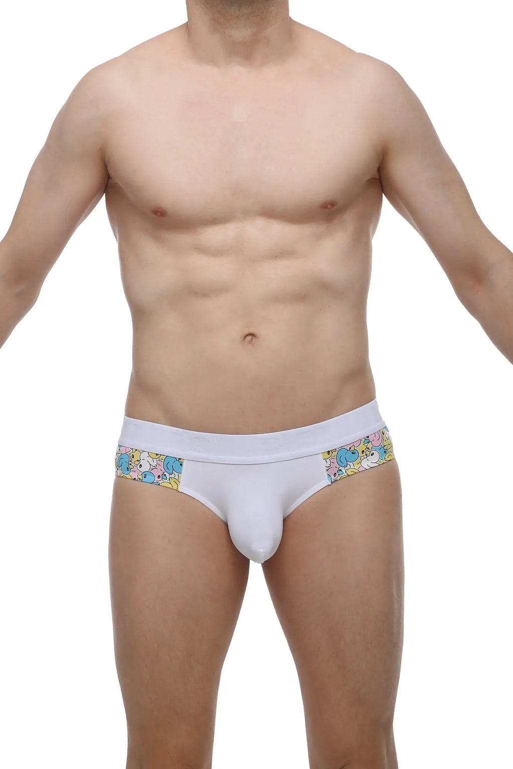 White petitq brief linay duckies with colorful cartoon pattern on side panels made of soft breathable fabric