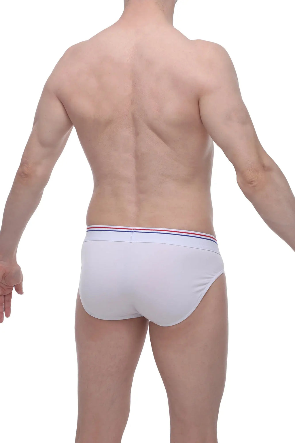 White petitq brief livet with a thin elastic waistband featuring red white and blue stripes in cotton fabric