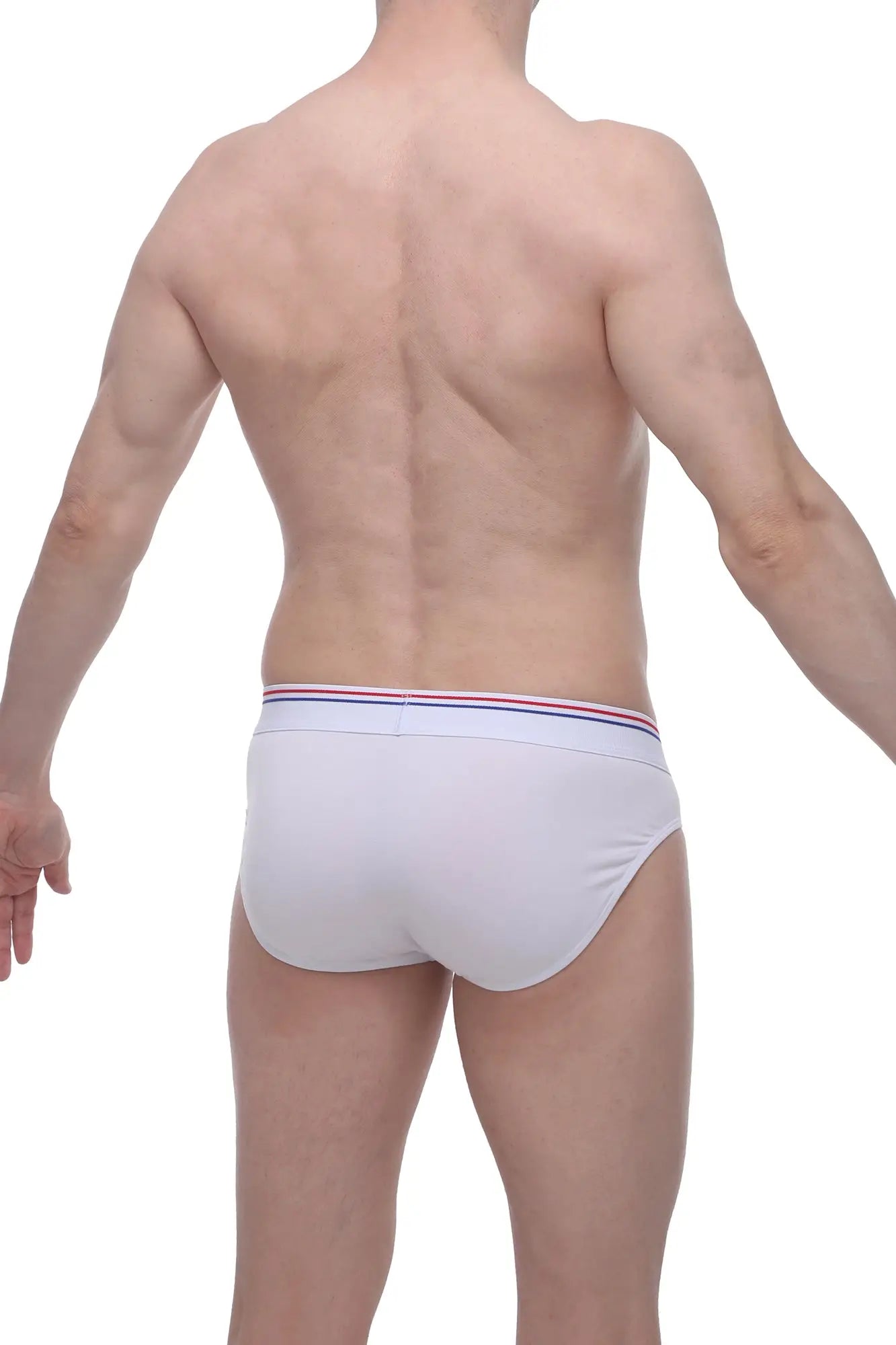 White petitq brief livet with a thin elastic waistband featuring red white and blue stripes in cotton fabric