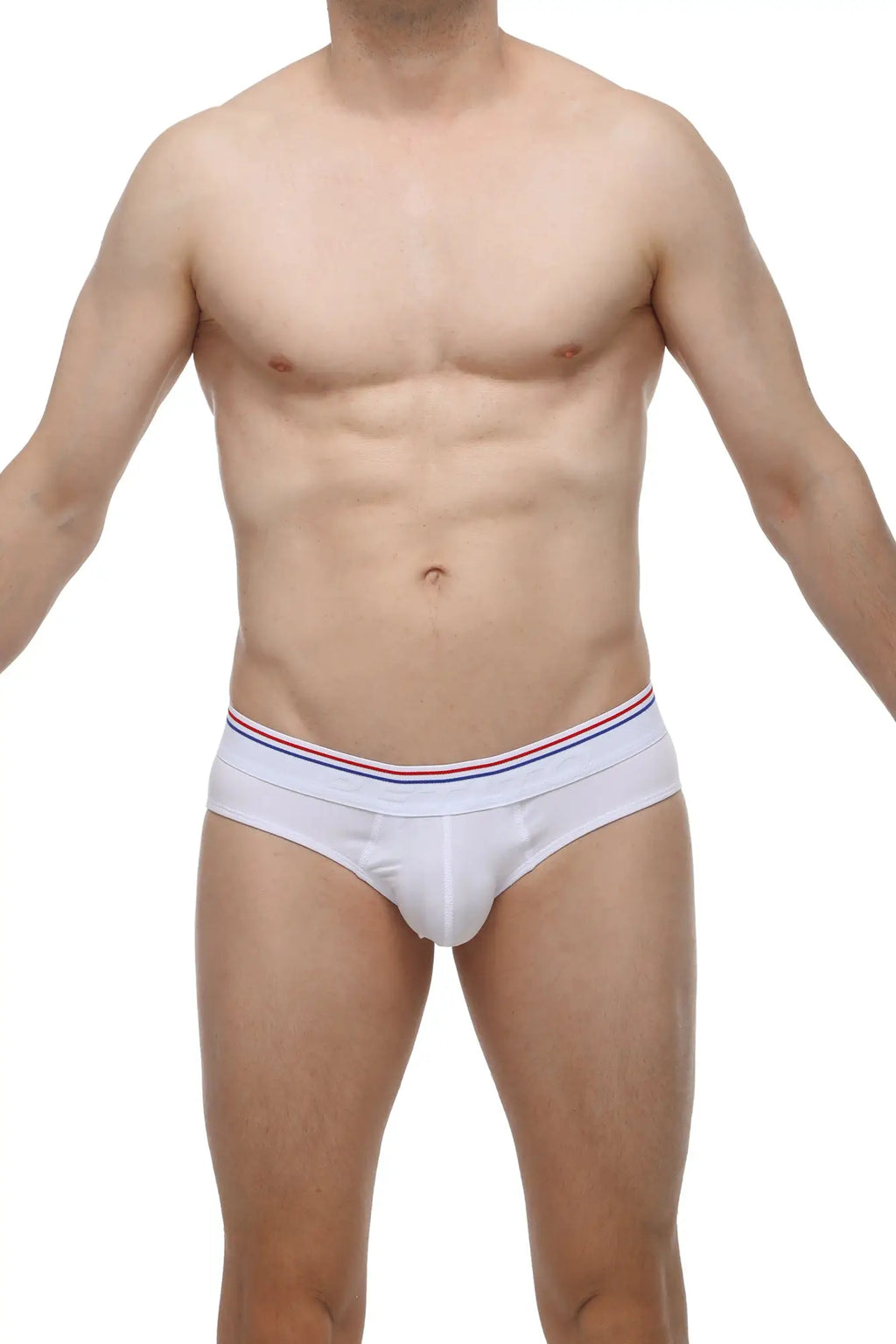White PetitQ brief livet with a red white and blue striped waistband made of soft breathable fabric