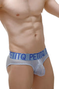 Light blue mesh petitq men’s briefs with mega bulge pouch and solid blue waistband with brand name duretol sky blue