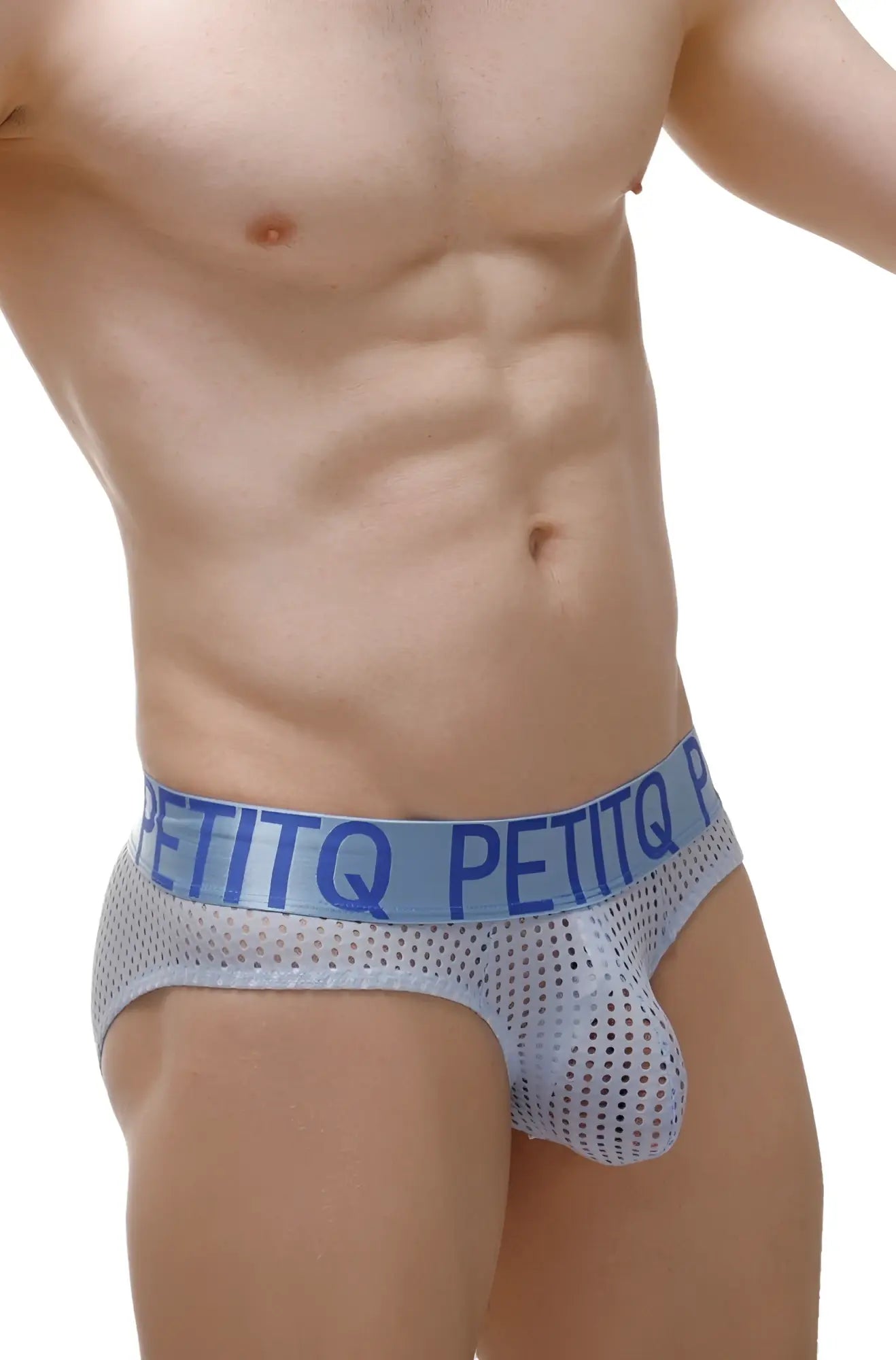 Light blue mesh petitq men’s briefs with mega bulge pouch and solid blue waistband with brand name duretol sky blue