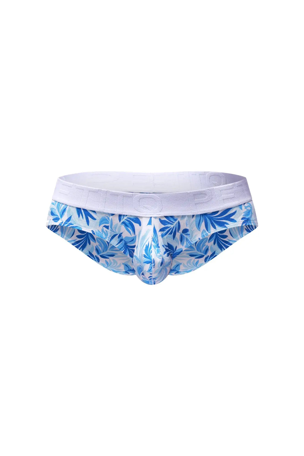 Mens briefs petitq brief mega bulge maeha in blue and white leaf pattern with solid white waistband