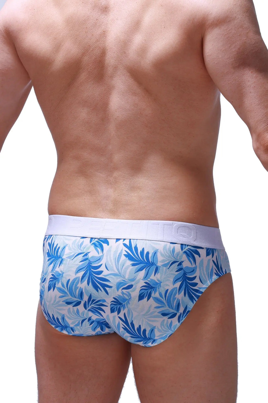 Blue and white tropical leaf patterned men’s briefs petitq brief mega bulge maeha with solid white waistband