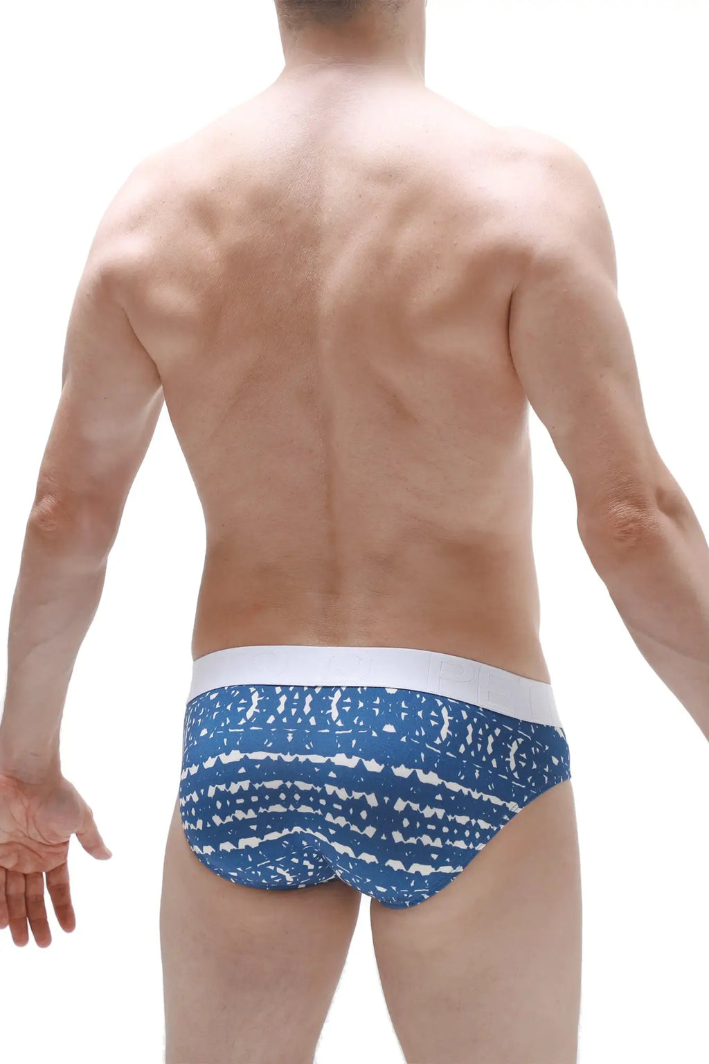 Blue and white patterned petitq brief mega bulge men’s underwear with solid white waistband in new denim style