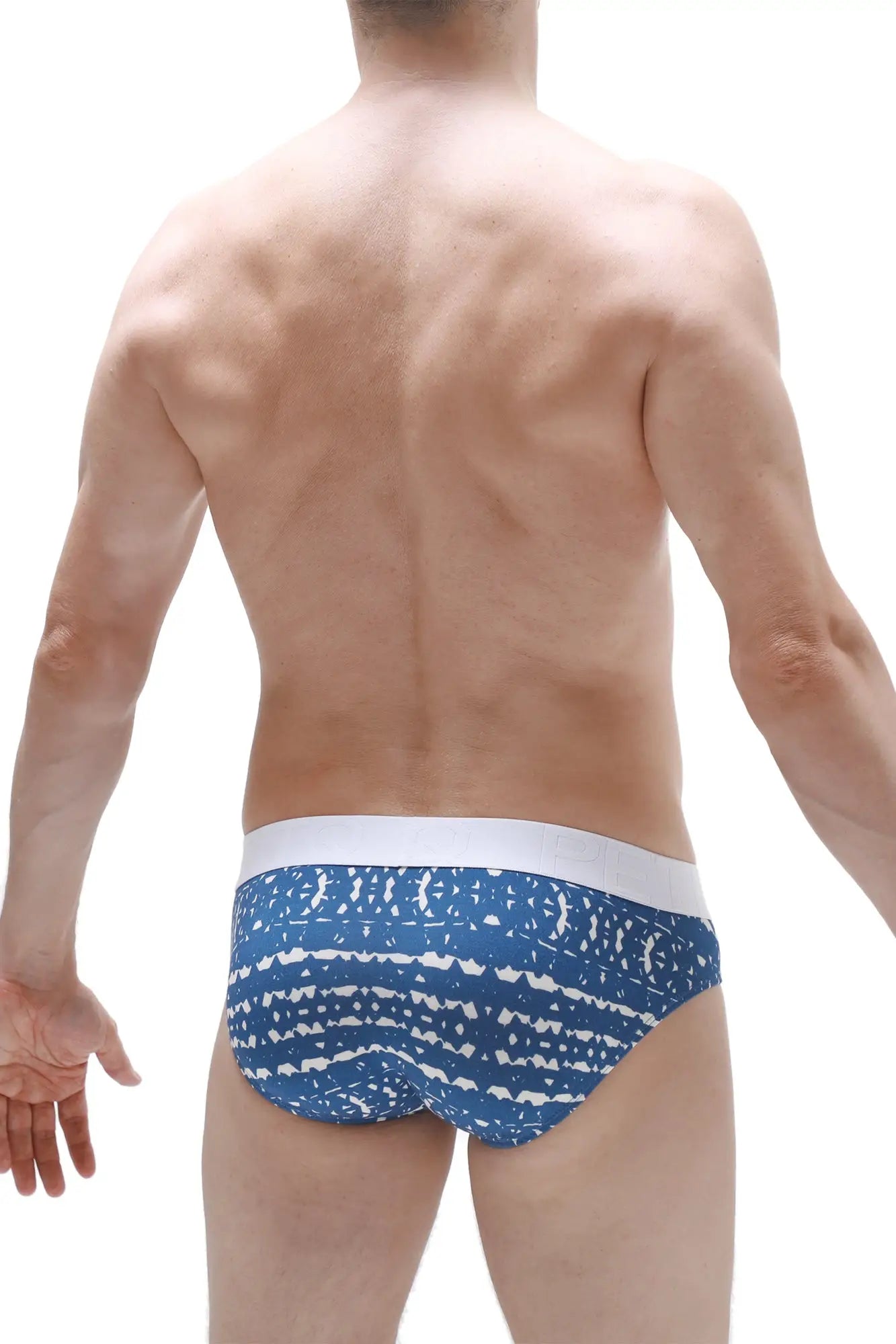 Blue and white patterned petitq brief mega bulge men’s underwear with solid white waistband in new denim style
