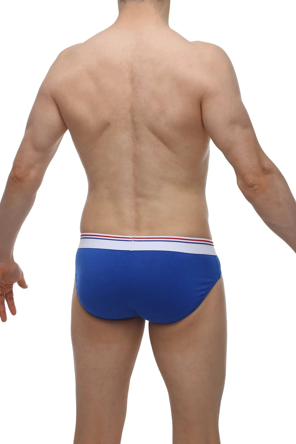 Blue men’s briefs petitq brief menhir modal with white waistband featuring thin red and blue stripes