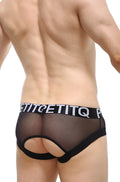 Black mesh briefs with a solid black waistband featuring the petitq logo in white from the petitq brief monchy net black collection