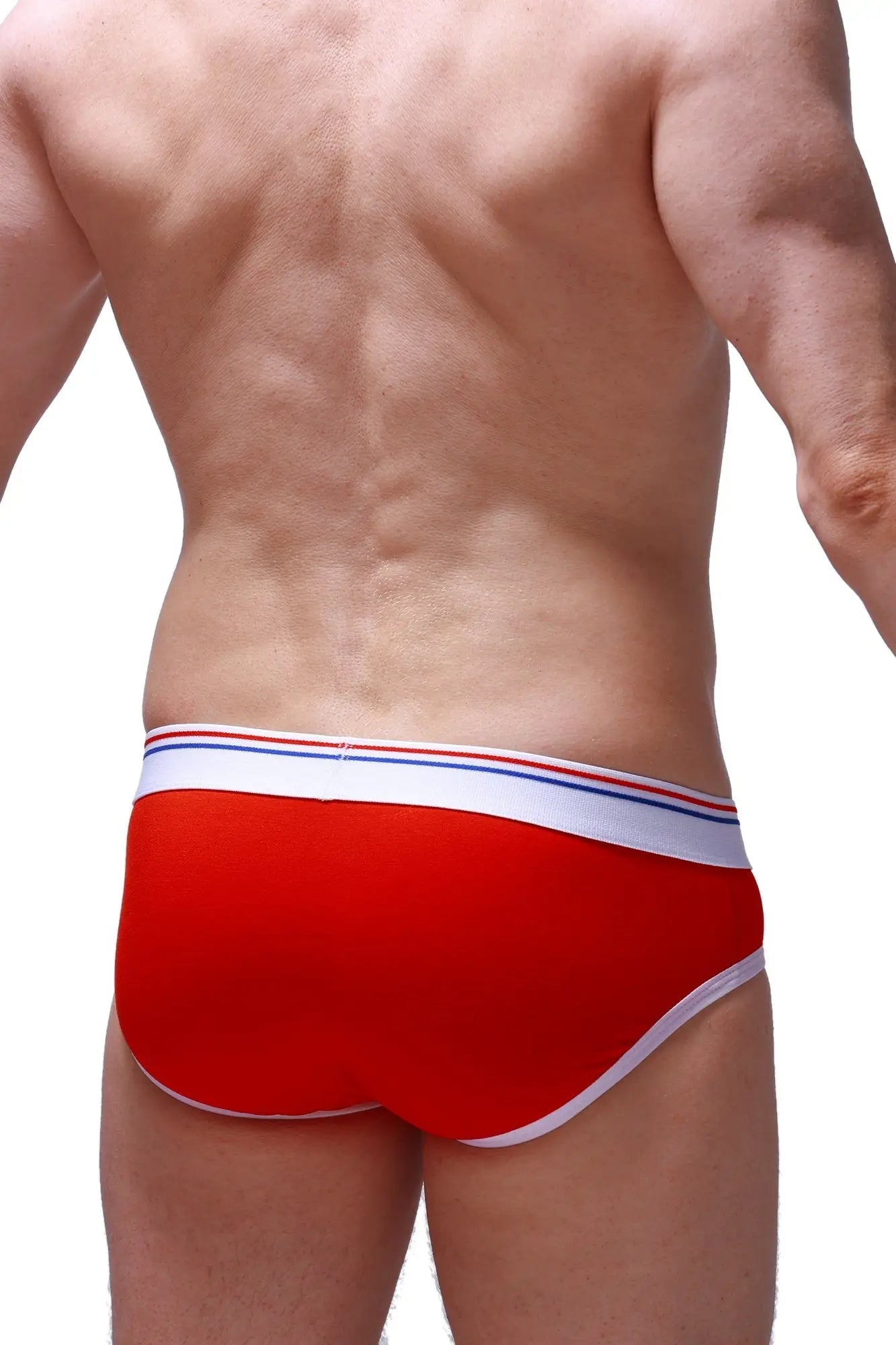 Red briefs with white waistband and red and blue stripes made of modal fabric petitq brief montjoi modal red