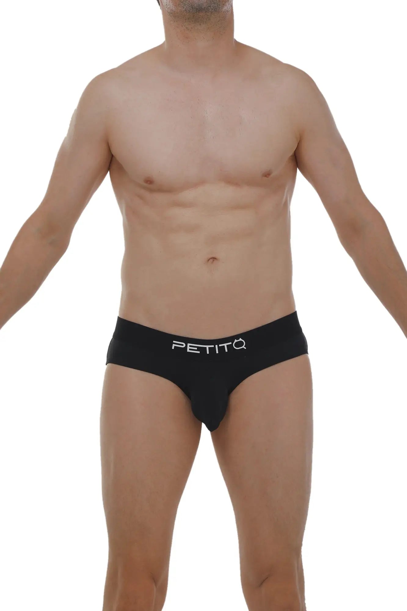 Black petitq briefs with sleek form-fitting design and white logo on waistband in petitq brief orlic black product image