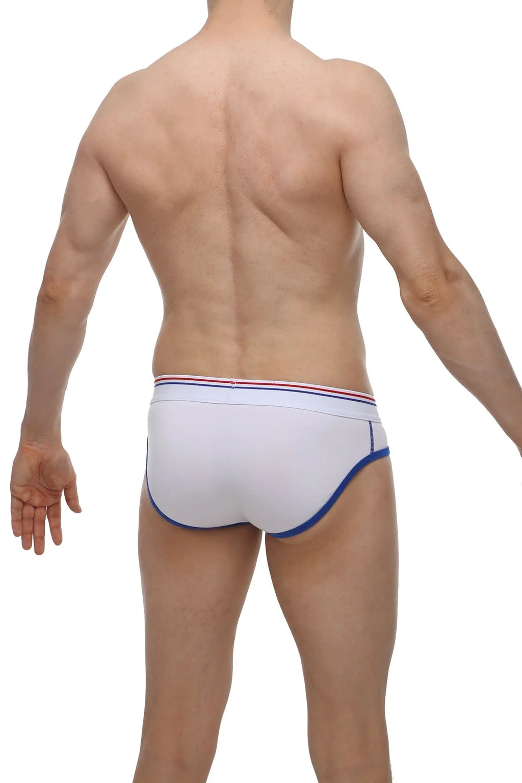 White PetitQ brief Paliz with blue trim and red white blue striped waistband for comfortable daily wear
