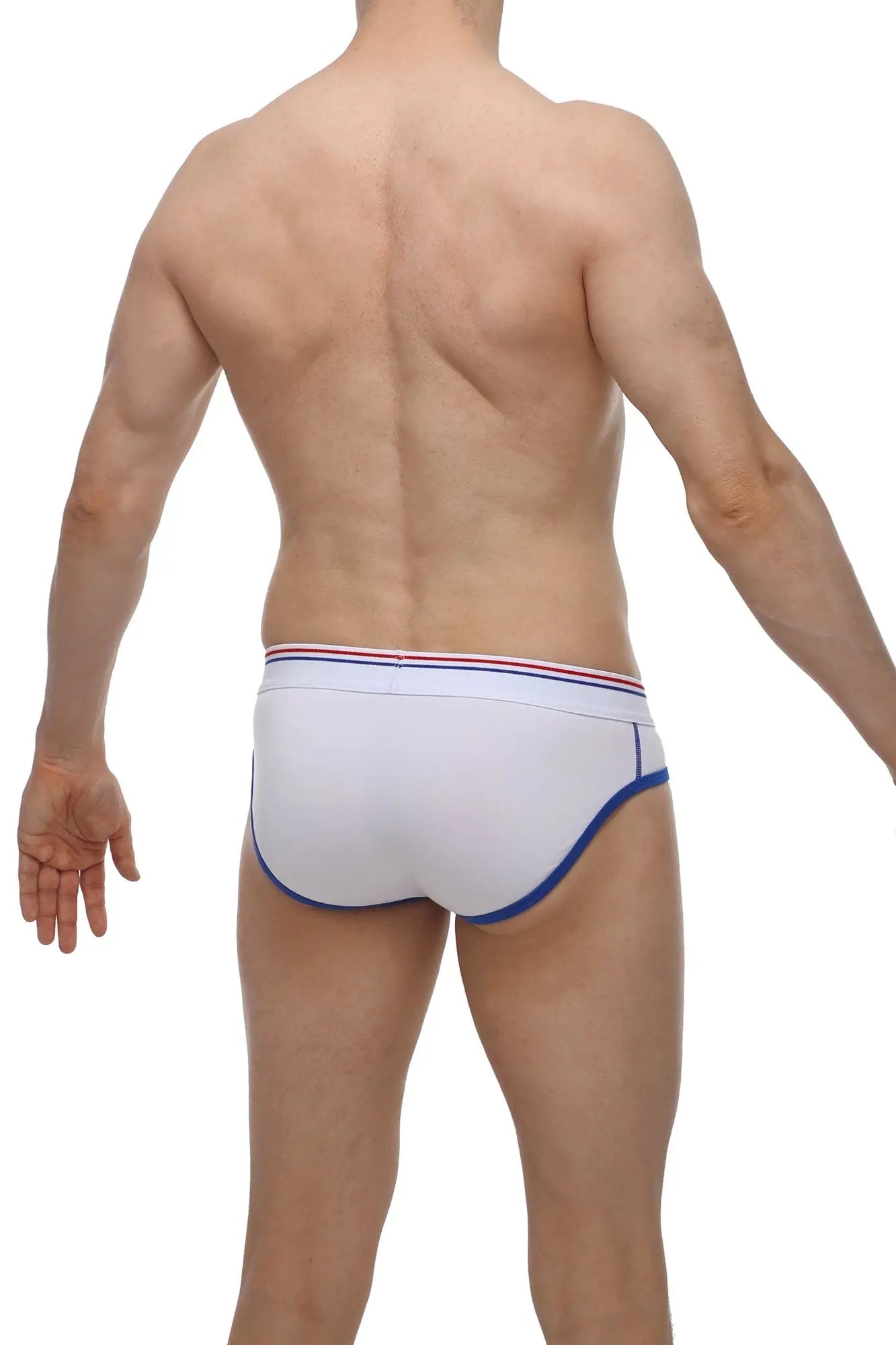 White PetitQ brief Paliz with blue trim and red white blue striped waistband for comfortable daily wear