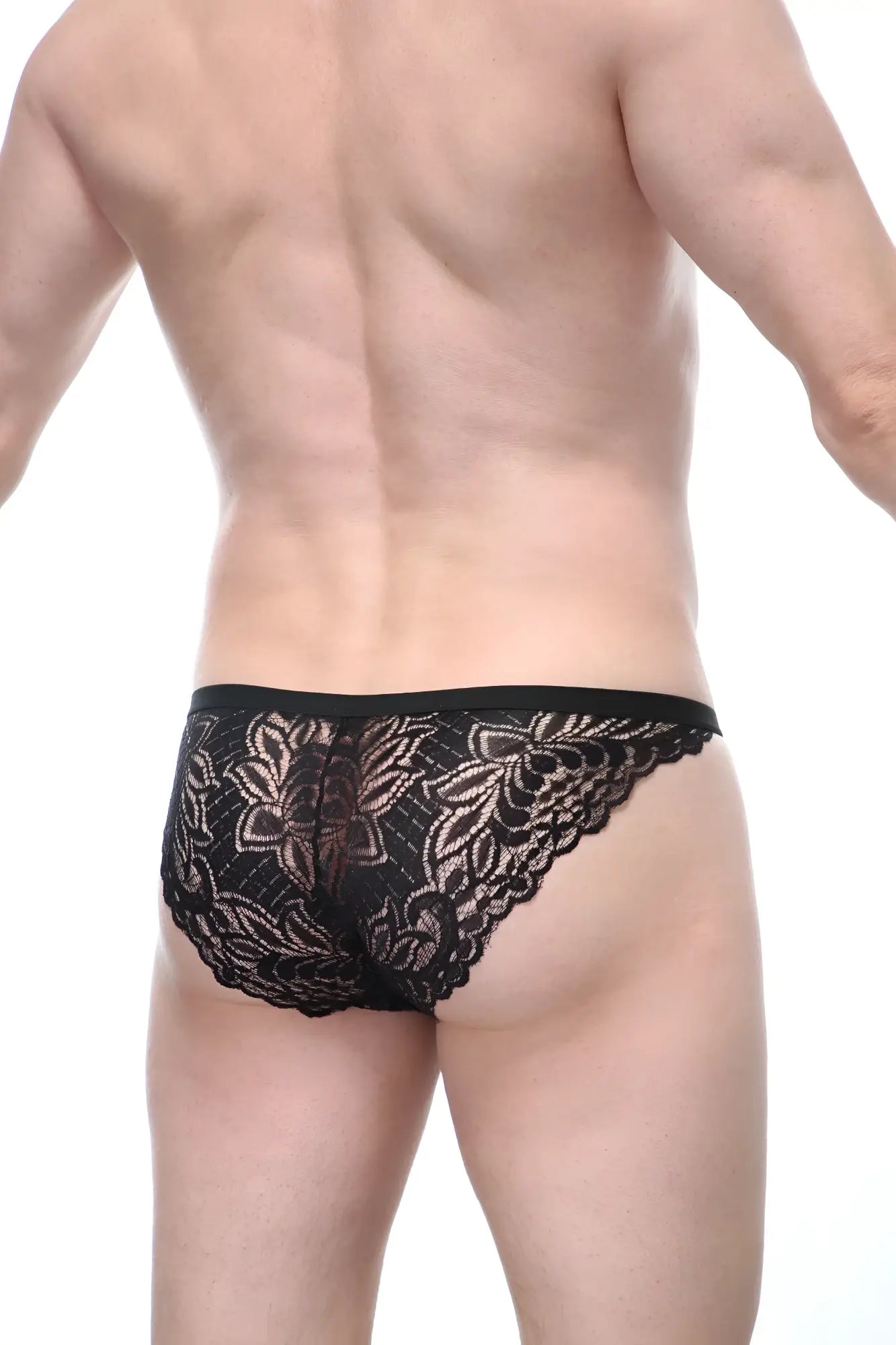 Black lace briefs petitq brief plaintel black with intricate floral patterns and scalloped edges in front view