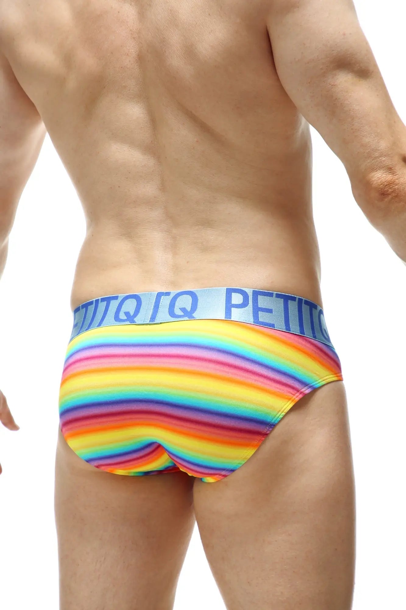 Rainbow-striped petitq brief protruder andiol men’s briefs with blue elastic waistband and petitq logo
