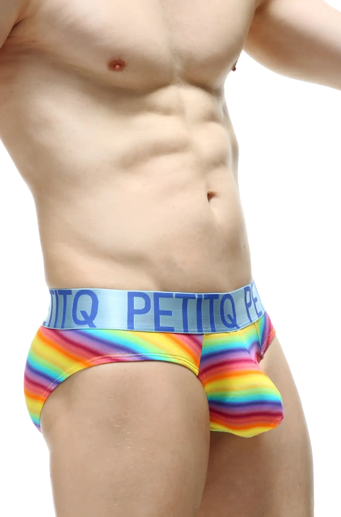 PetitQ brief protruder andiol rainbow striped men’s briefs with light blue elastic waistband and bold navy petitq branding
