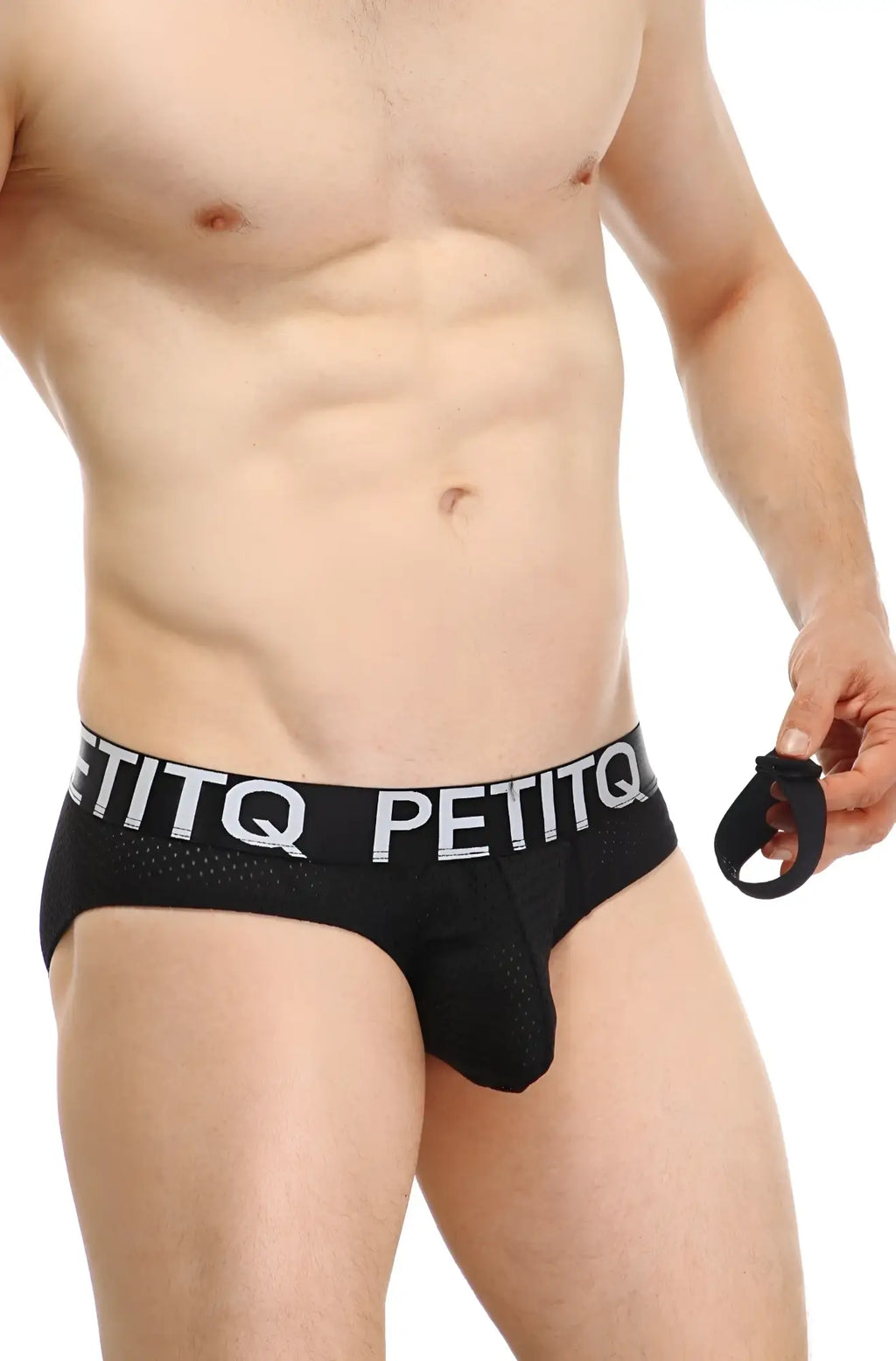 Black petitq brief protruder with mesh texture and white logo band designed for men’s comfort and support