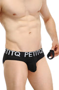 Black petitq brief protruder with mesh texture and white logo band designed for men’s comfort and support